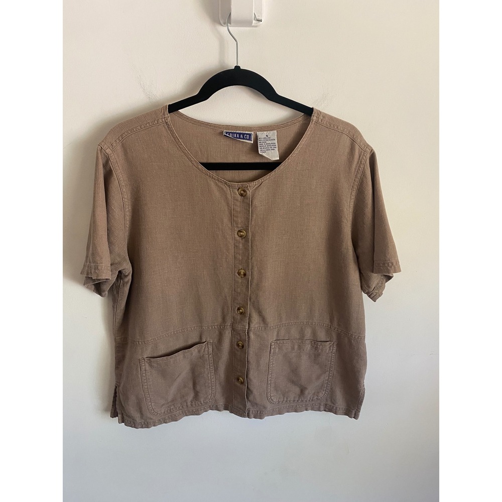Erika & Co Women Brown Linen Cotton Short Sleeve Button Down Blouse Size S